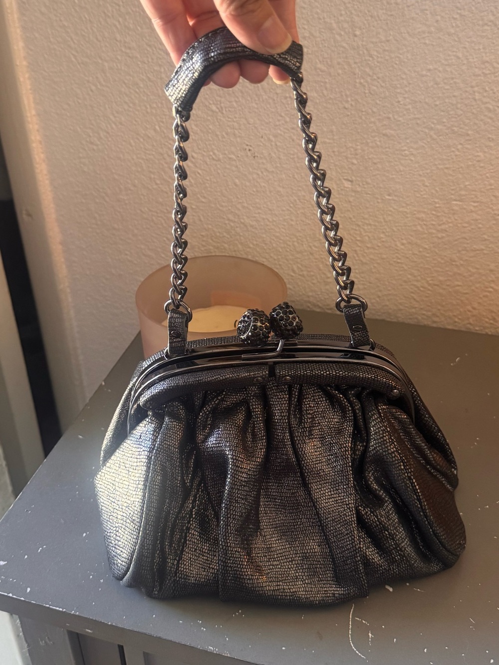 Tracy Reese Metallic Black Gathered Frame Clutch with Chain Handle